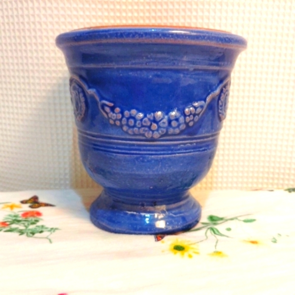 Antique Ampholia Anduze France Planter Urn Cobalt Blue 7" - Picture 9 of 11